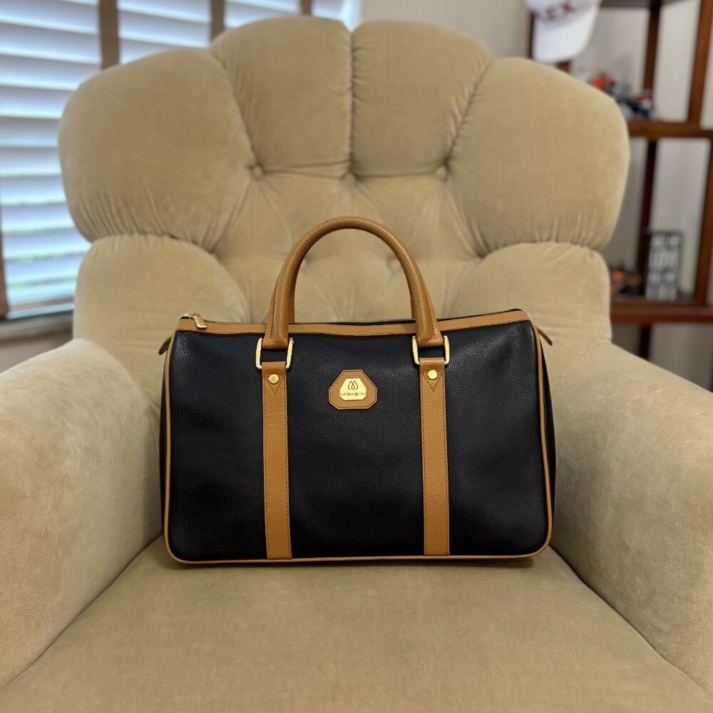 VTG Auth MORABITO FRANCE Black Textured Leather Boston Satchel Bag